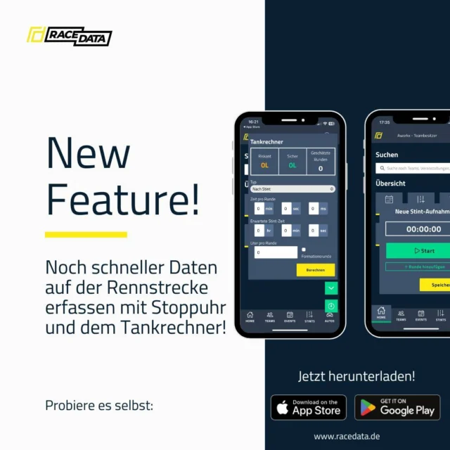 Mit unseren neuesten Features können Rennteams jetzt noch effizienter Daten erfassen und ihre Strategien auf der Rennstrecke optimieren.

⏱️ Stoppuhr-Funktion: Erfasse deine Rundenzeiten jetzt noch einfacher – unsere Stoppuhr ist direkt in der App zugänglich, ganz ohne vorher ein Event anlegen zu müssen. Weise die gemessenen Zeiten später einem Event zu und analysiere deine Daten detailliert nach dem Rennen.

⛽ Tankrechner: Berechne deinen Tankstand mit zwei Optionen – Riskant und Sicher. Die riskante Option zeigt das Minimum an Benzin, das du für das Rennen benötigst, basierend auf deinen Rundendaten. Die sichere Option berücksichtigt zusätzlich Variablen, um dir eine konservative Schätzung zu bieten.

Mit diesen neuen Funktionen unterstützen wir dein Team dabei, noch bessere Entscheidungen auf der Rennstrecke zu treffen und die Performance zu maximieren. Probiere die neuen Features aus und gib uns Feedback, damit wir uns weiter verbessern können! 🌟

#RacingApp #Motorsport #Rennsport #Stoppuhr #Tankrechner #Performance #Teamwork #Daten #Racedata